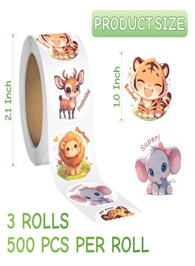 JIXZEN 3 Rolls 1500 PCS Animal Stickers for Kids, 24 Cute Farm/Ocean/Wild Designs with Motivational Words, Reward Stickers for Toddlers 2-4, Classroom School Supplies (1.0 Inch) - Image 2