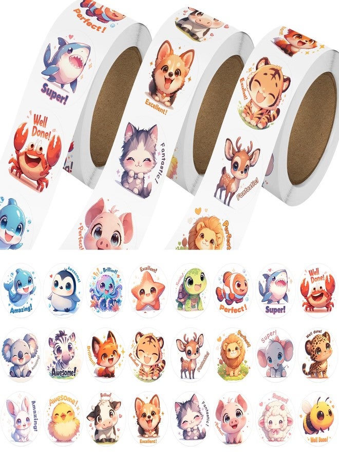 JIXZEN 3 Rolls 1500 PCS Animal Stickers for Kids, 24 Cute Farm/Ocean/Wild Designs with Motivational Words, Reward Stickers for Toddlers 2-4, Classroom School Supplies (1.0 Inch) - Image 1