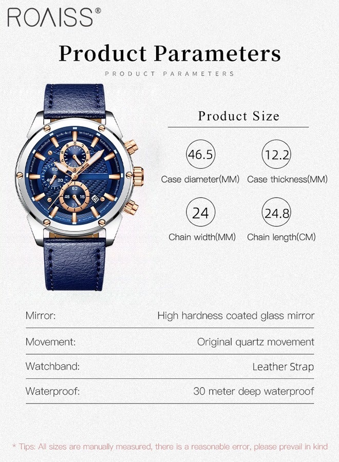 رويس ساعة يد كاجوال رجالية متعددة الوظائف مقاومة للماء بتقويم مضيء وحزام جلدي ساعة أنيقة كهدية للرجال - Image 4