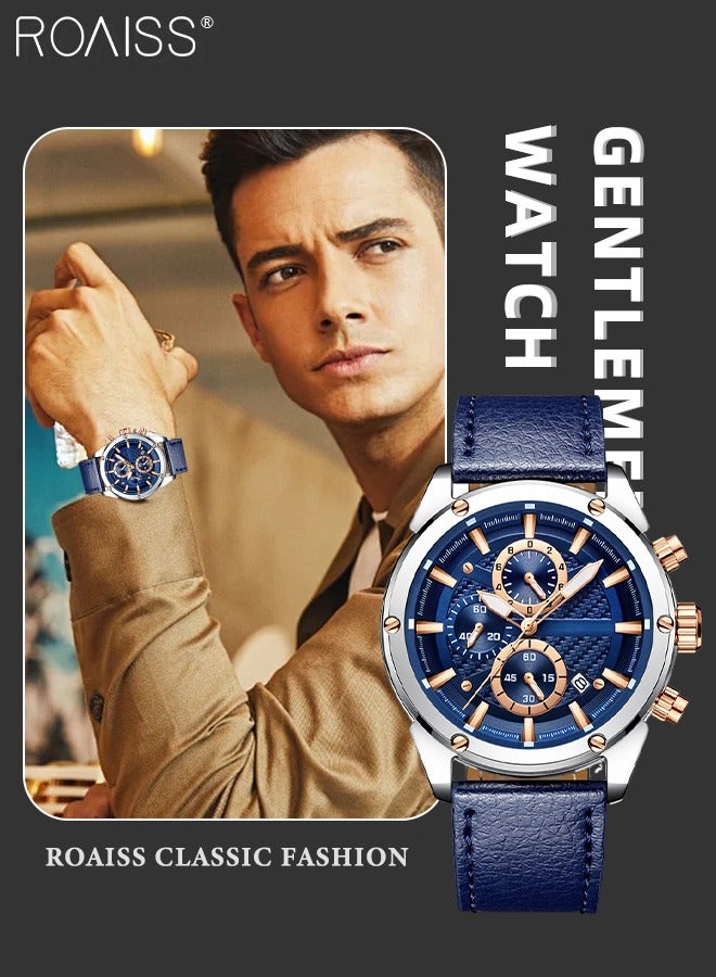 رويس ساعة يد كاجوال رجالية متعددة الوظائف مقاومة للماء بتقويم مضيء وحزام جلدي ساعة أنيقة كهدية للرجال - Image 1