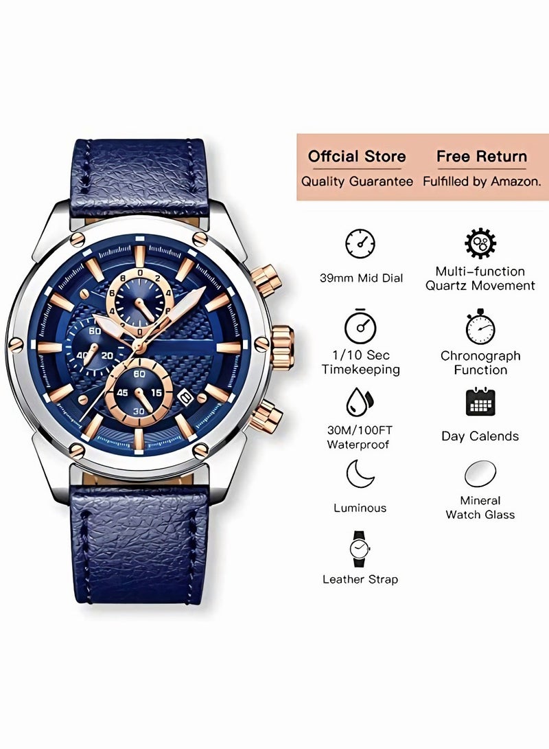 رويس ساعة يد كاجوال رجالية متعددة الوظائف مقاومة للماء بتقويم مضيء وحزام جلدي ساعة أنيقة كهدية للرجال - Image 5