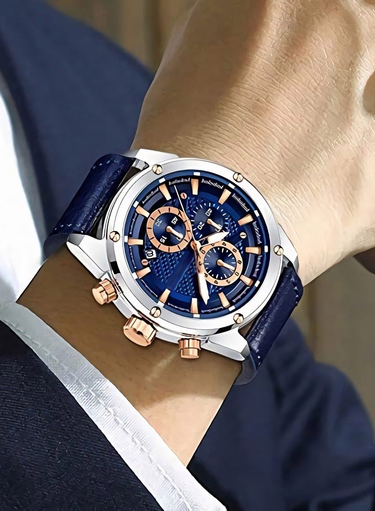 رويس ساعة يد كاجوال رجالية متعددة الوظائف مقاومة للماء بتقويم مضيء وحزام جلدي ساعة أنيقة كهدية للرجال - Image 3