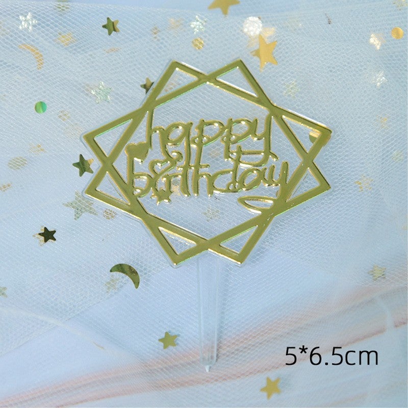 Golden Chinese And English Happy Birthday Card Cake Decoration Plug-In Card Plastic Small Insert 100/Bag - Image 1