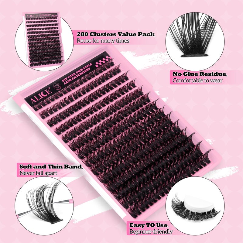 Alice 280Pcs Wispy Individual Lashes DIY Eyelash Extensions 8-16MM D-Curly Lash Extensions Lash Clusters 80D Cluster Eyelashes DIY at Home by ALICE - Image 4
