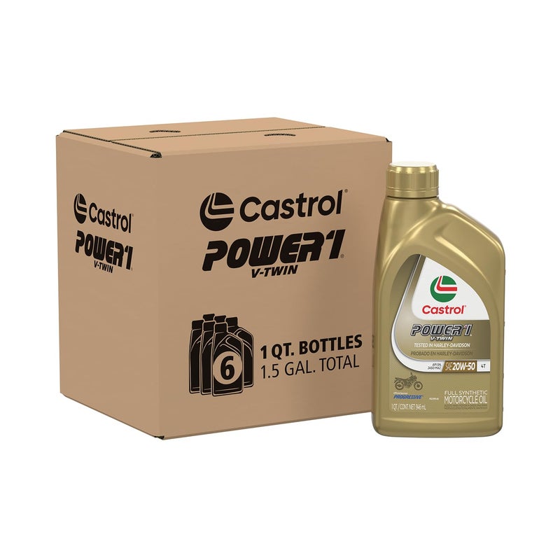 Castrol Power1 V-Twin 20W-50 Full Synthetic Motorcycle Oil, 1 Quart, Pack of 6 - Image 1