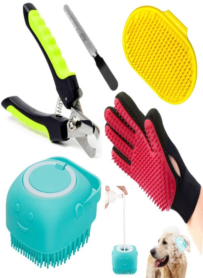 PETZLUV 5-in-1 Pet Grooming Kit – Dog & Cat Bathing Brush, Deshedding Glove, Nail Clipper with File & Rubber Scrubber – Professional Pet Care Set for Dogs & Cats - Pack of 5 - Image 1