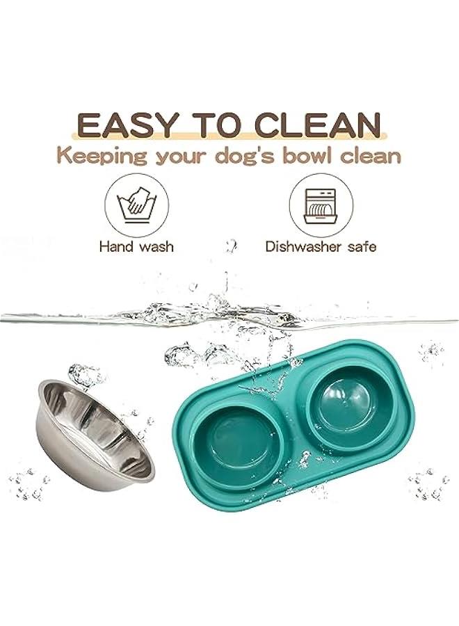 Stainless Steel Double Dog Bowls with Tilted Leak-Proof Mat - Blue - Image 5