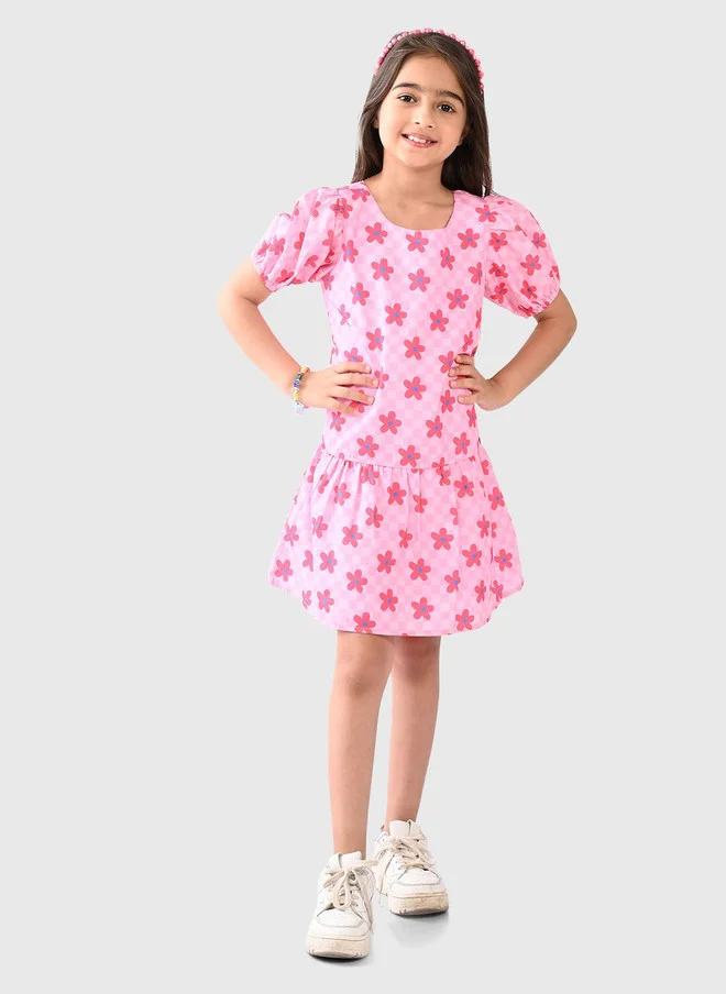 بونكيدز BONKIDS Girls Floral Printed Cotton Drop-Waist Dress