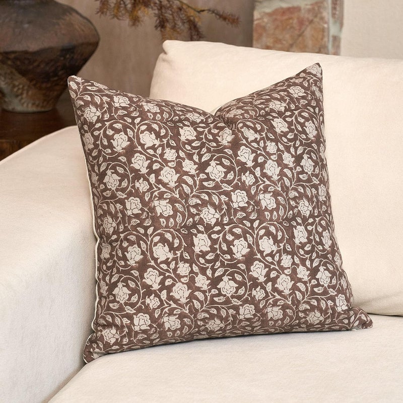 DOMVITUS Floral Pillow Covers 20x20 Throw Pillows for Couch Block Print Pillow Cover Decorative Neutral Accent Throw Pillow Covers for Living Room 1PC Brown