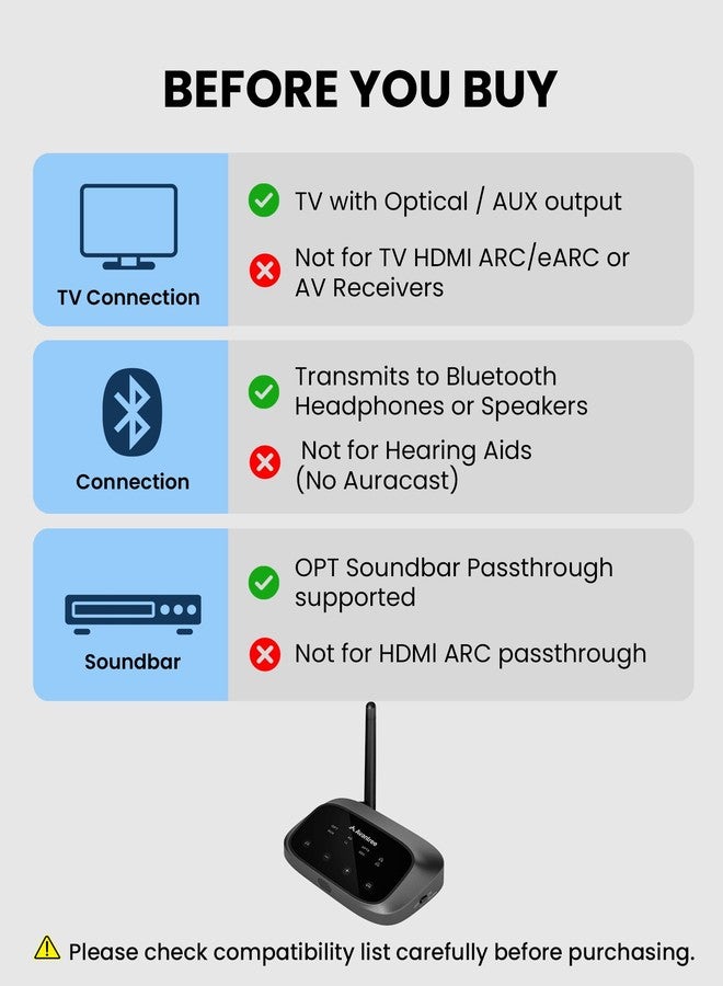 Avantree Oasis Plus 2 – Bluetooth Transmitter for TV with Remote Volume Control, Supports Two Headphones, aptX-Adaptive, Soundbar Passthrough, for Optical or AUX TVs - Image 3