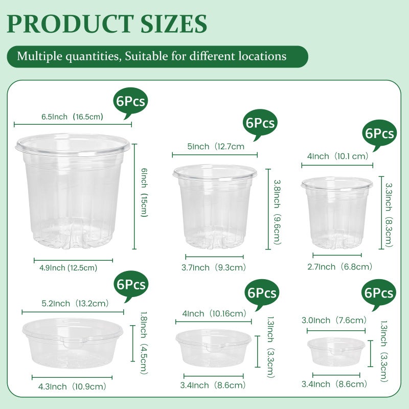 Bluepro 18 Pack 6.5/5/4 Inch Clear Self Watering Plant Pots with Bottom Water Tray & Watering Rope, Transparent Nursery Pots with Drainage for Seedlings, Herbs, and Houseplants - Image 2