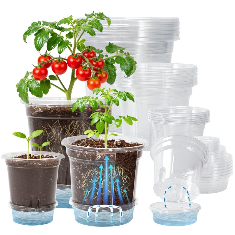 Bluepro 18 Pack 6.5/5/4 Inch Clear Self Watering Plant Pots with Bottom Water Tray & Watering Rope, Transparent Nursery Pots with Drainage for Seedlings, Herbs, and Houseplants - Image 1