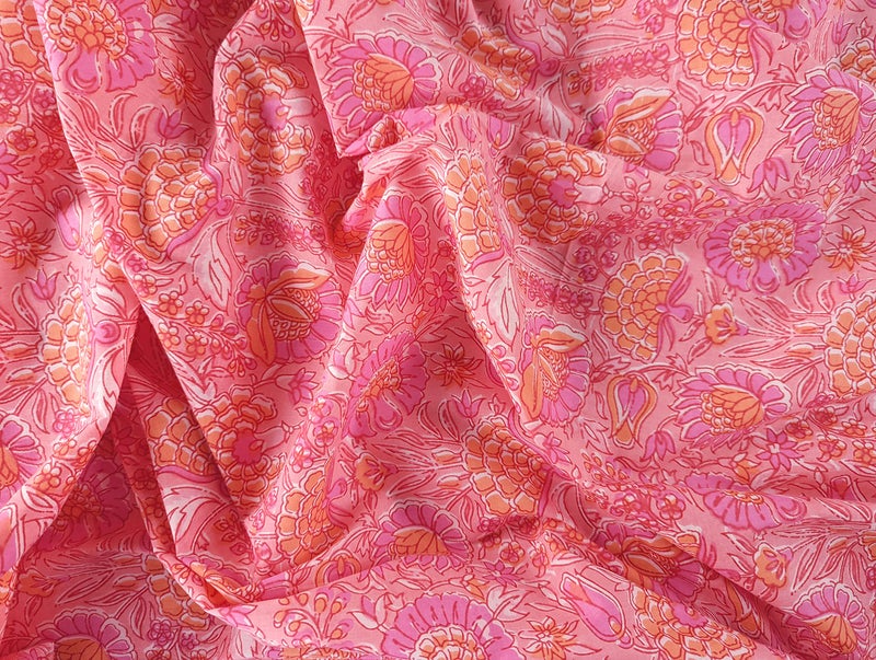 AVKA Studio Hand Block Print Fabric by The Yard - PRECUT 3 Yard 42 Inch Width - 100% Cotton Material - Pink Floral Pattern - Light Weight Indian Cloth for Making Summer Dress Tops Indian Fabric etc - Image 2