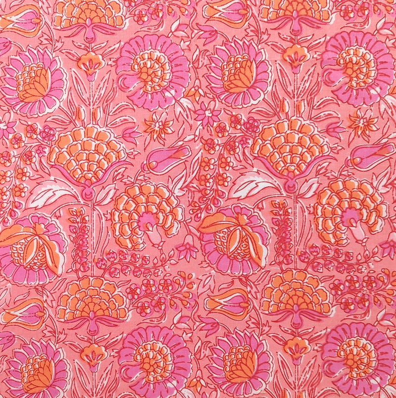 AVKA Studio Hand Block Print Fabric by The Yard - PRECUT 3 Yard 42 Inch Width - 100% Cotton Material - Pink Floral Pattern - Light Weight Indian Cloth for Making Summer Dress Tops Indian Fabric etc - Image 1