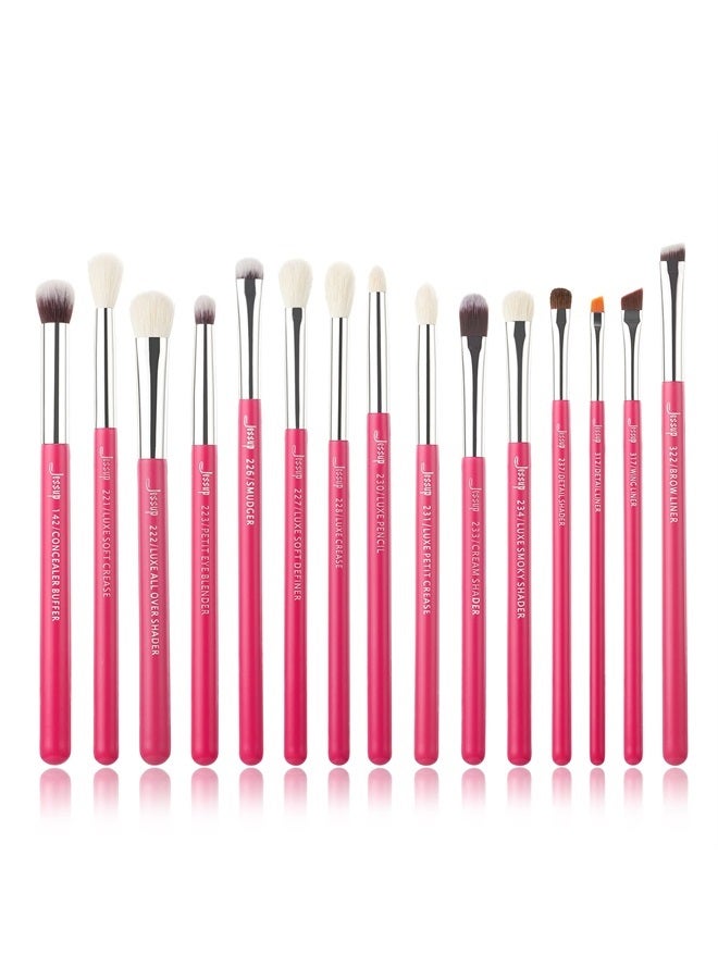 Jessup Professional Natural-Synthetic Eye Makeup Brushes Set 15pcs for Eyeshadow Blending Concealer Eyeliner Eyebrow, Rose Carmine/Silver T197 - Image 1