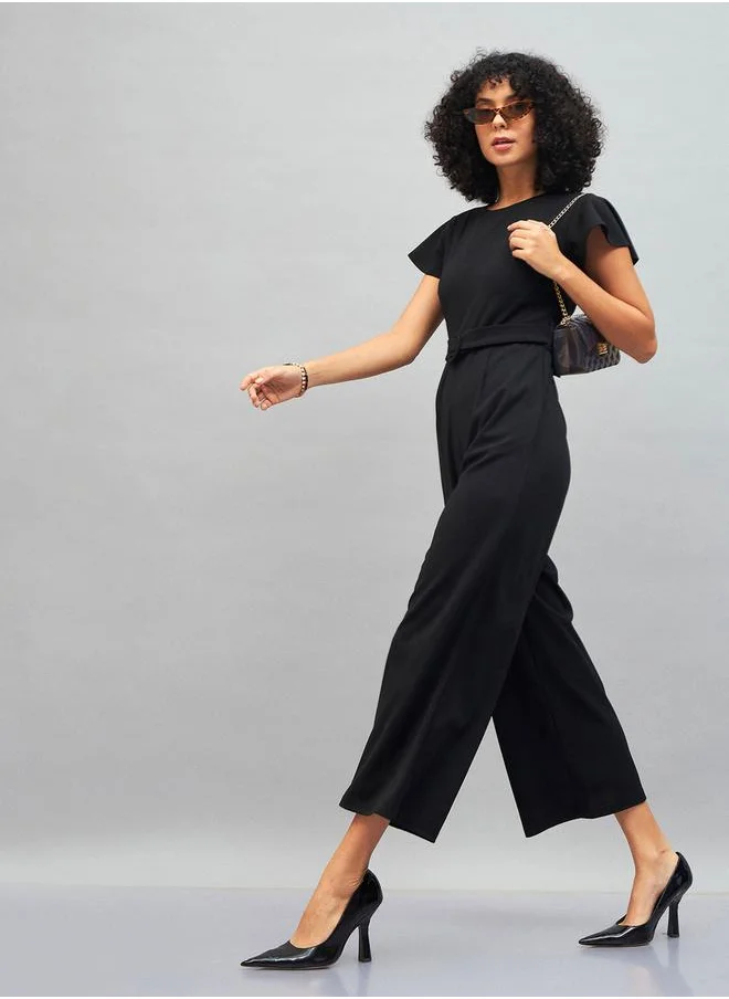 SASSAFRAS Solid Belted Jumpsuit with Short Sleeves by Styli