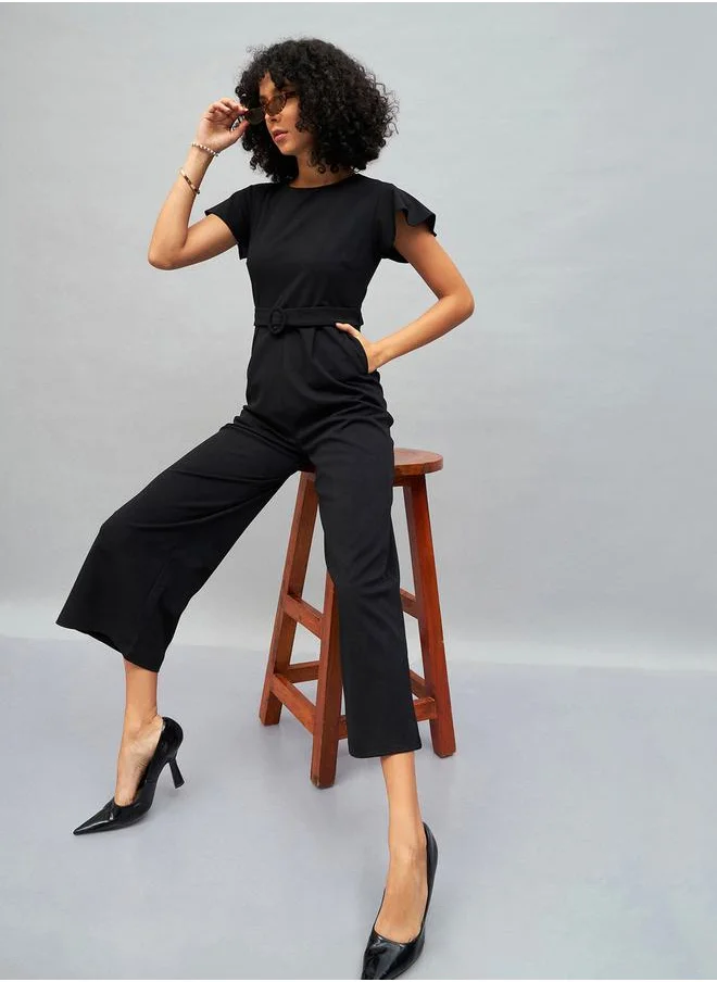 SASSAFRAS Solid Belted Jumpsuit with Short Sleeves by Styli
