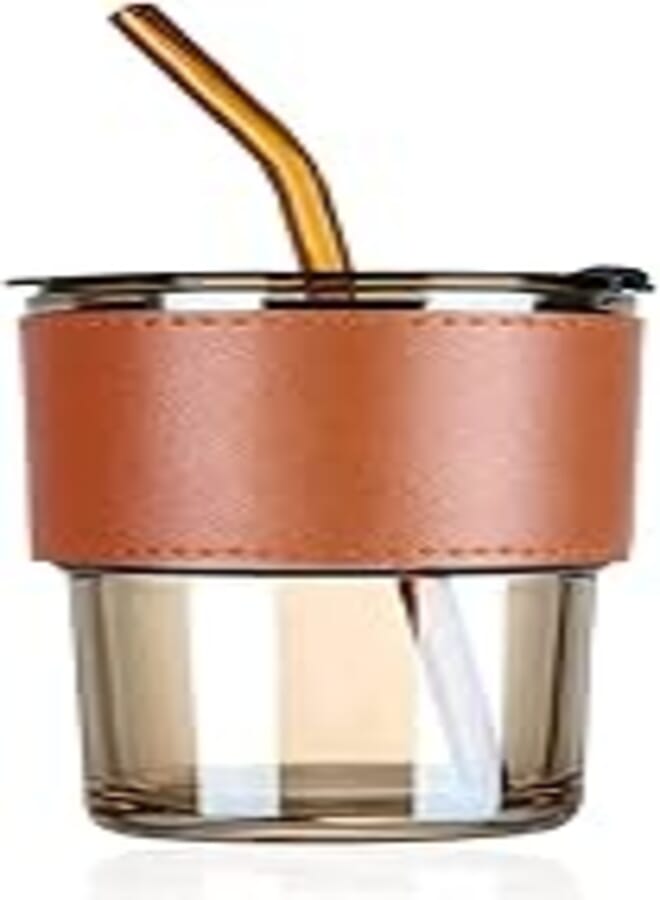 Glass Tumbler with Straw and Leakproof Lid and Leather Anti-Slip Handle for Hot and Cold Drinks, Tea, Coffee, Fruit Juices (Brown, 1)