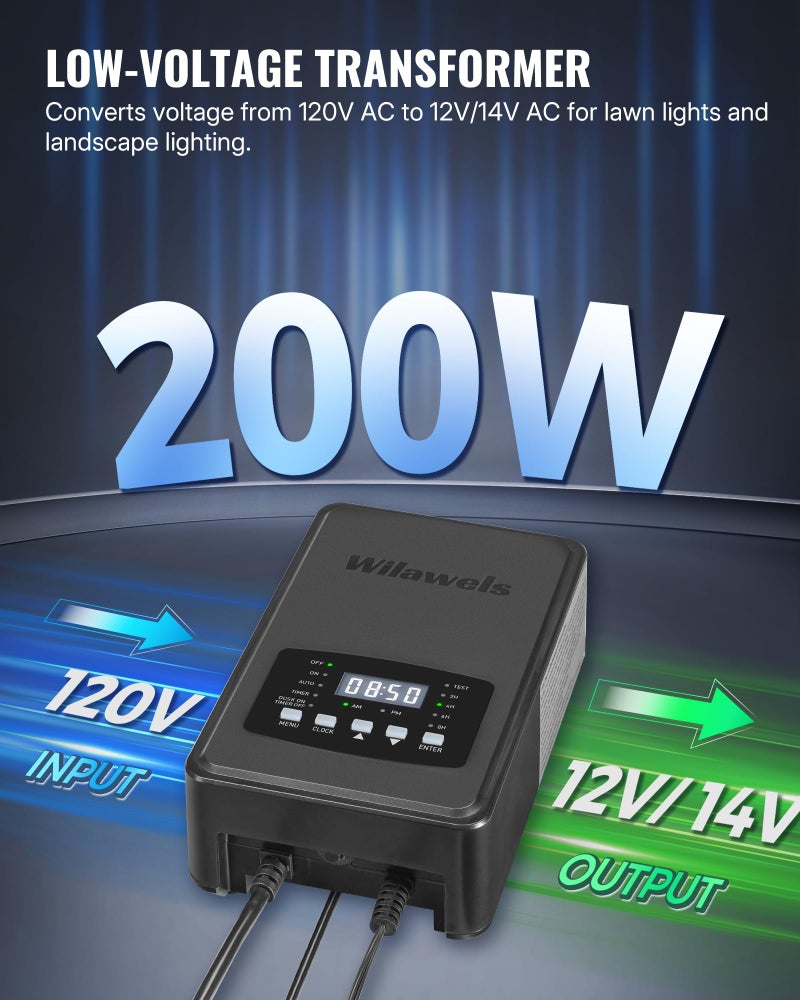 WILAWELS 200W Low Voltage Landscape Transformer, Weatherproof Outdoor Low Voltage Transformer, 120V AC to 12/14V AC, Landscape Lighting Transformer with Timer and Photocell Sensor, ETL Listed D11LT06 - Image 2