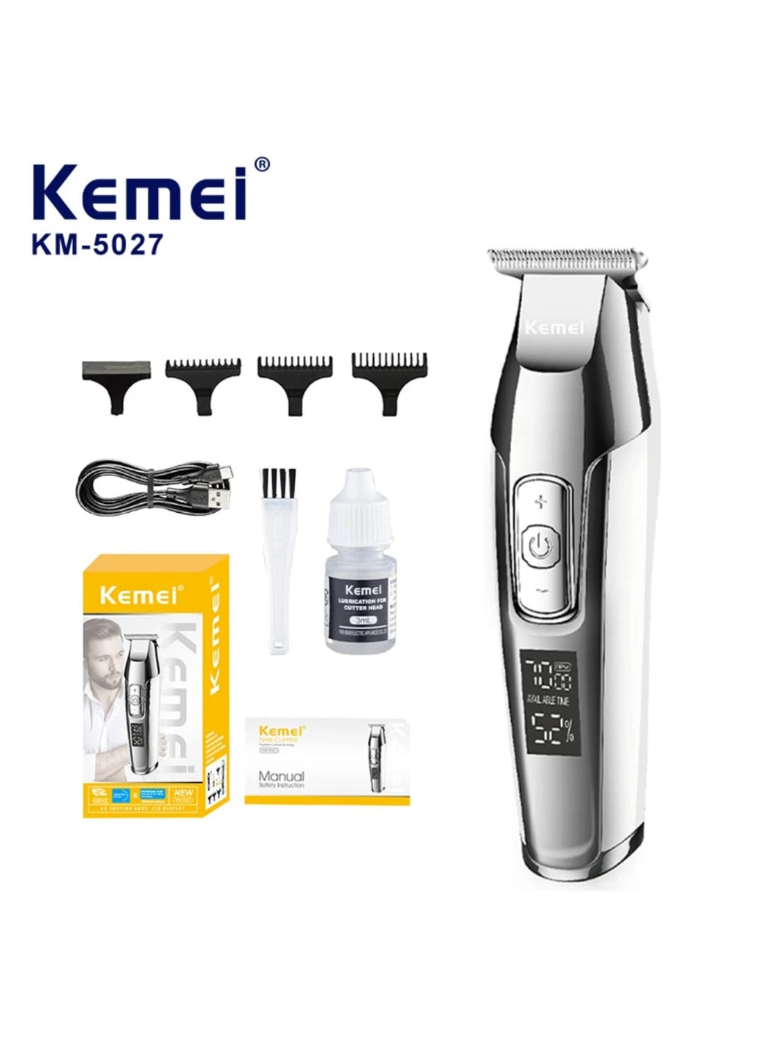 Professional Shaver From KM-5027 || For Men With Digital Display For Cutting Head Hair Even Baldness || Rechargeable Electric Hair Clipper (Saudi Version)