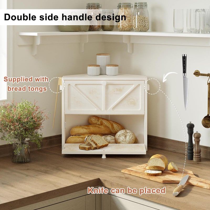 WOWLIVE Vintage Corner Bread Box for Kitchen Counter, Double-Layer Bamboo Bread Storage Bin, Large Capacity Rustic Farmhouse Bread Holder, Breadbox Organizer for Cabinet (White, Medium) - Image 5