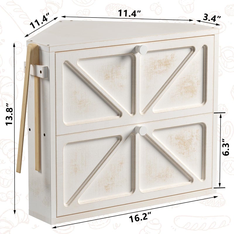 WOWLIVE Vintage Corner Bread Box for Kitchen Counter, Double-Layer Bamboo Bread Storage Bin, Large Capacity Rustic Farmhouse Bread Holder, Breadbox Organizer for Cabinet (White, Medium) - Image 3