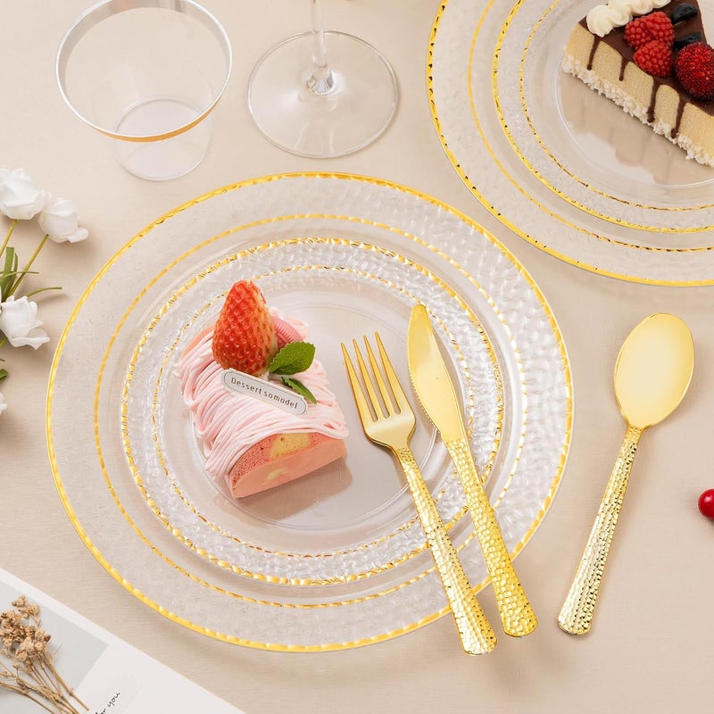 Bestluck 350PCS Clear Plastic Plates with Gold Trim for 50 Guests, Disposable Dinnerware Set for Party & Wedding, Includes 100 Plastic Plates, 50 Pre Rolled Napkins with Gold Silverware, 50 Cups - Image 5