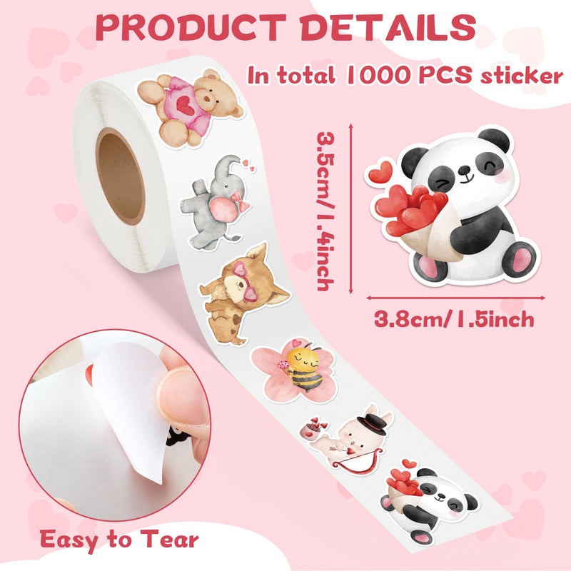 OSNIE Valentines Animal Stickers Roll - 1000Pcs in 2 Rolls Valentine's Day Watercolor Cute Animal Sticker Love Envelope Seals Vinyl Sticker Decor Gift for Kids Classroom Water Bottle Laptop Window - Image 2