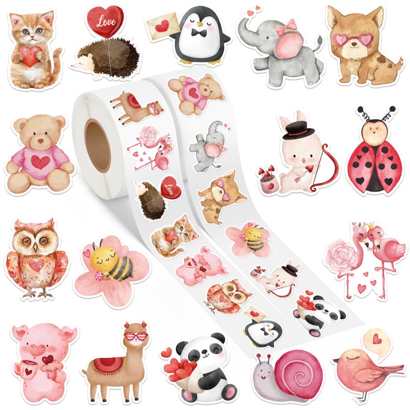 OSNIE Valentines Animal Stickers Roll - 1000Pcs in 2 Rolls Valentine's Day Watercolor Cute Animal Sticker Love Envelope Seals Vinyl Sticker Decor Gift for Kids Classroom Water Bottle Laptop Window - Image 1
