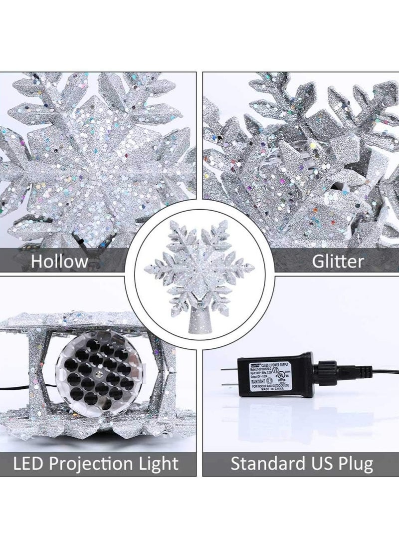 TAPIT - Christmas Tree Topper Lighted with Built-in Led Rotating Snowflake Projector Lights 9.6” Hollowed Tree Topper with Sliver Spangles Plug In for Indoor Home Xmas New Year Party Tree Decor - Image 1