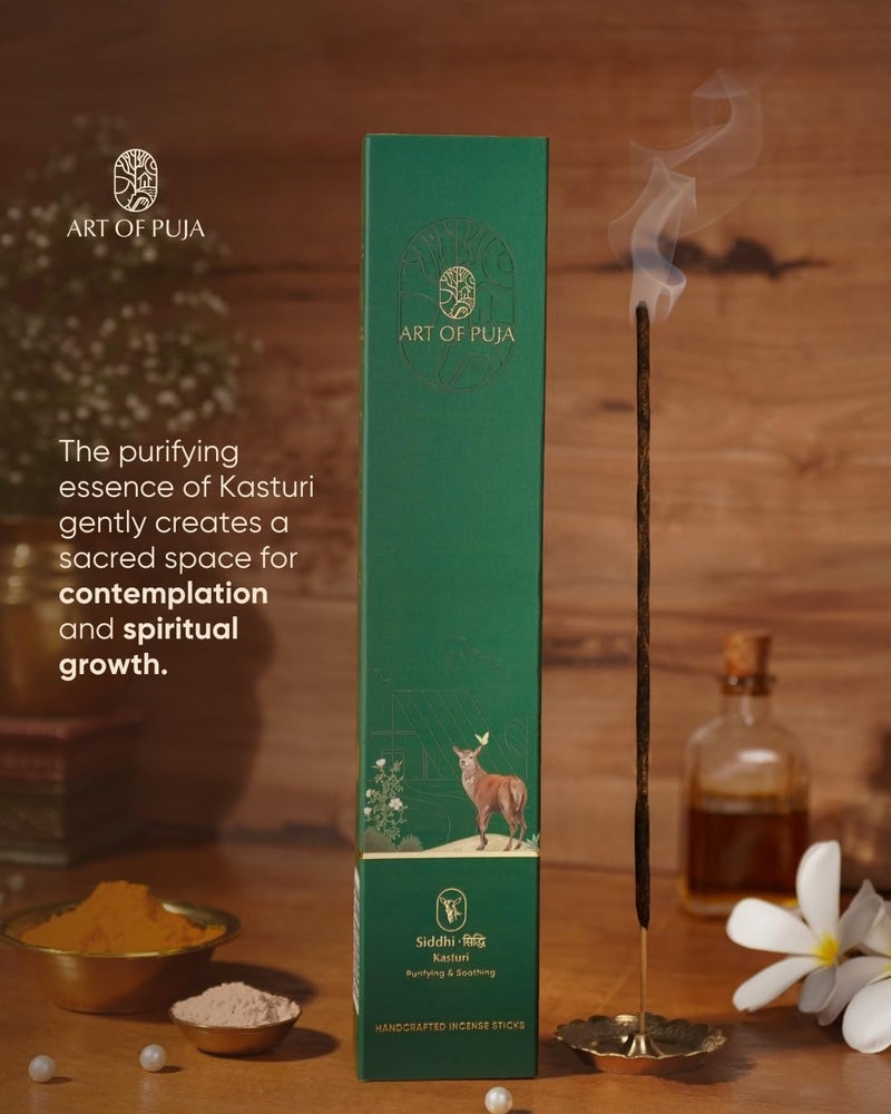 ART OF PUJA Kasturi (Musk) Handcrafted Incense– 30 Agarbatti Stick | 1 Hr Burning Time, 2+ Hr Retention| Rich Aroma, Low Smoke | Free Agarbatti Stand | Incense Sticks for Home - Image 3