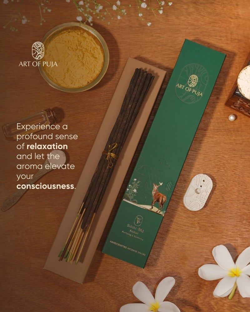 ART OF PUJA Kasturi (Musk) Handcrafted Incense– 30 Agarbatti Stick | 1 Hr Burning Time, 2+ Hr Retention| Rich Aroma, Low Smoke | Free Agarbatti Stand | Incense Sticks for Home - Image 4