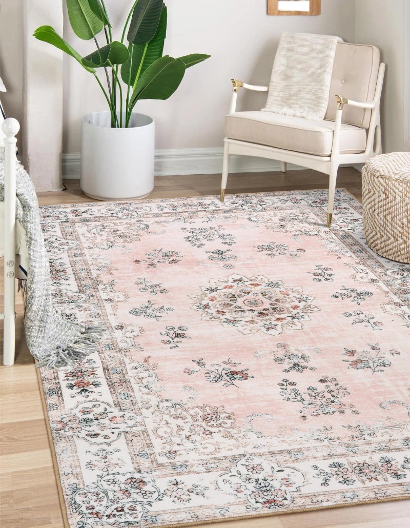 La Home Lahome Washable 6x9 Area Rugs for Living Room, Vintage Floral Pink Large Rug for Nursery Girls Bedroom, Non Slip Lightweight Foldable Carpet for Apartment Dorm Home Office Decor - Image 1