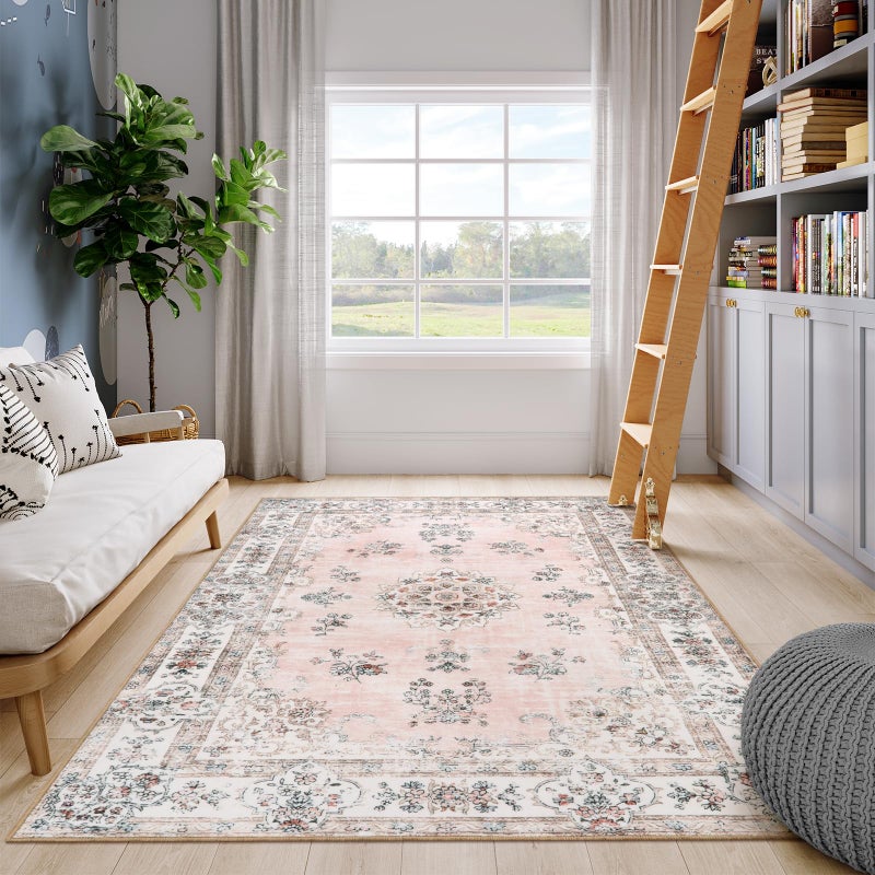 La Home Lahome Washable 6x9 Area Rugs for Living Room, Vintage Floral Pink Large Rug for Nursery Girls Bedroom, Non Slip Lightweight Foldable Carpet for Apartment Dorm Home Office Decor - Image 2