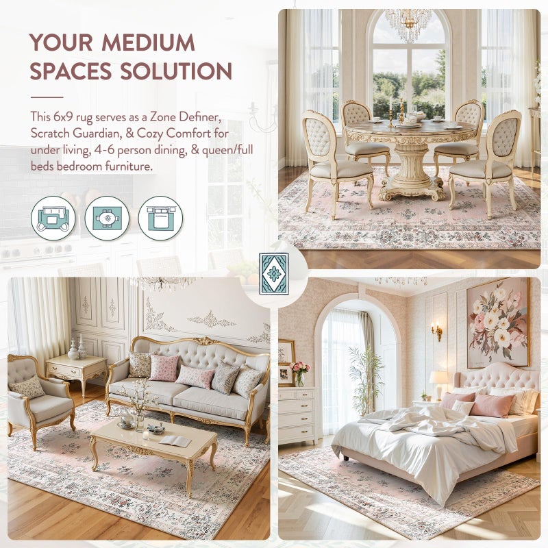 La Home Lahome Washable 6x9 Area Rugs for Living Room, Vintage Floral Pink Large Rug for Nursery Girls Bedroom, Non Slip Lightweight Foldable Carpet for Apartment Dorm Home Office Decor - Image 3