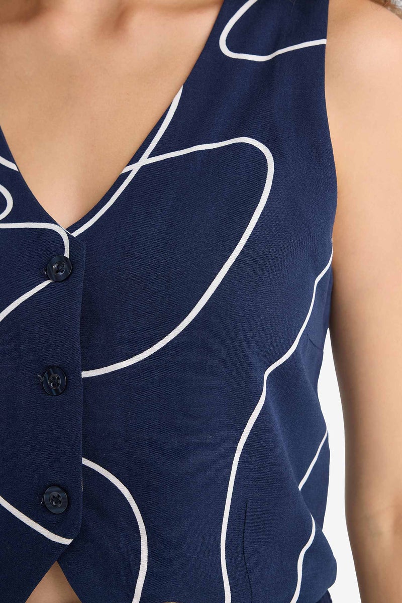 DeFacto Blue Woman V Neck Floral Linen Blend Vest Casual - Image 4