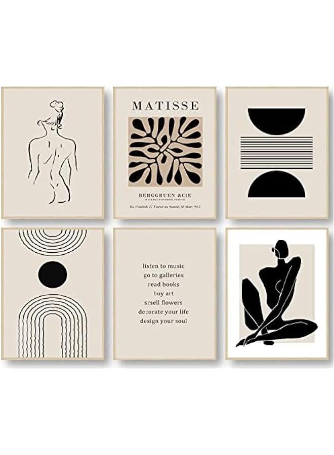 KBKBART مطبوعات فنية جدارية ماتيس من كيه بي كيه بارت، بوسترات معارض فنية تجريدية لماتيس للنساء، لون اسود وبيج واوراق شجر بوهو، ديكور حائط لغرفة المعيشة (8 × 10 انش، بدون اطار - Image 1