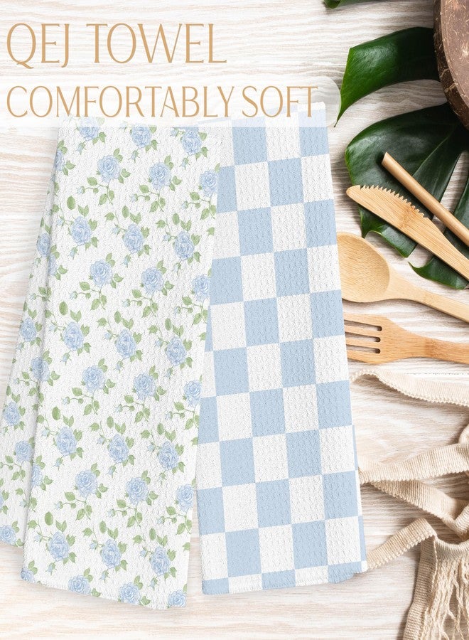 QEJ Blue Hydrangea Floral Kitchen Dish Towels, Blue and White Checkered Cottagecore Flower Decorative Hand Tea Towels for Bathroom Kitchen, 16x24 Inch Set of 2 - Image 5