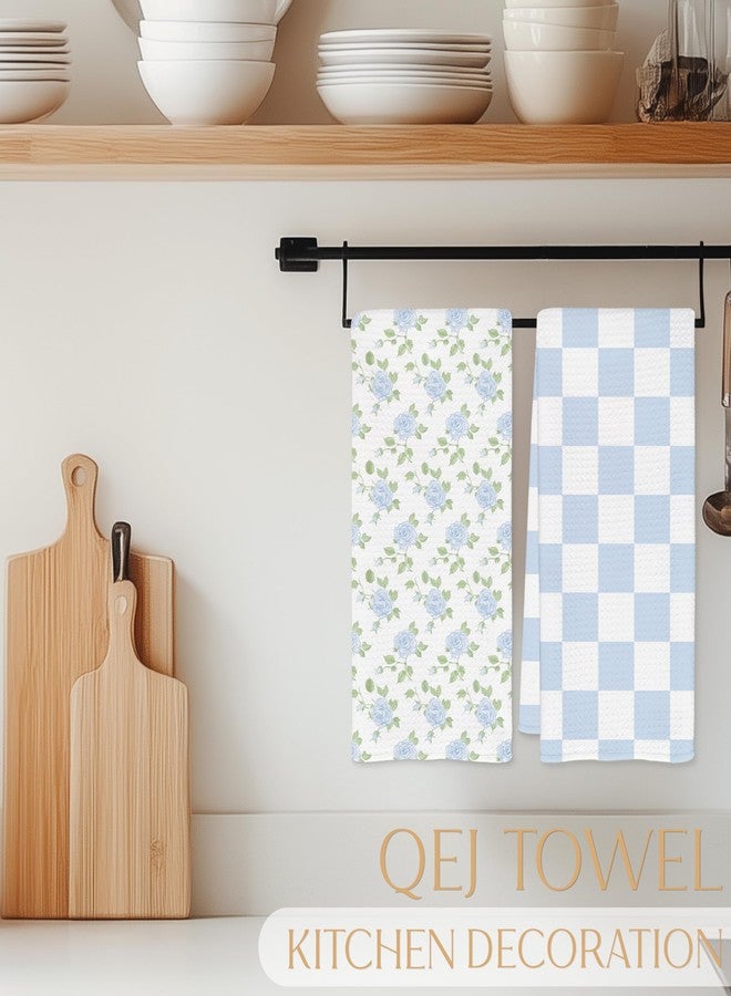 QEJ Blue Hydrangea Floral Kitchen Dish Towels, Blue and White Checkered Cottagecore Flower Decorative Hand Tea Towels for Bathroom Kitchen, 16x24 Inch Set of 2 - Image 3