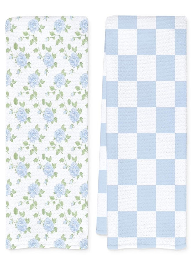 QEJ Blue Hydrangea Floral Kitchen Dish Towels, Blue and White Checkered Cottagecore Flower Decorative Hand Tea Towels for Bathroom Kitchen, 16x24 Inch Set of 2 - Image 1