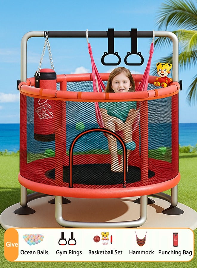 Trampoline for Kids, Large Jumping Bed with Safety Enclosure Net, Foam Handle, Adjustable Gymnastics Bars, Basketball Hoop, 4 Levels of Height Adjustment, Gifts for Boys and Girls  - Image 1