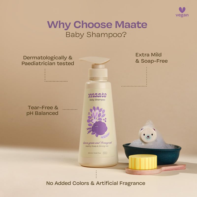 Maate Baby Shampoo (Pack of 2*400 ml) | Deep Cleanses, Nourishes Scalp & Hair | With Ayurvedic Herbs Shikakai & Amla | Baby Shampoo For Kids 0-12 Years | Baby Hair Shampoo | Tear Free & Chemical Free - Image 4