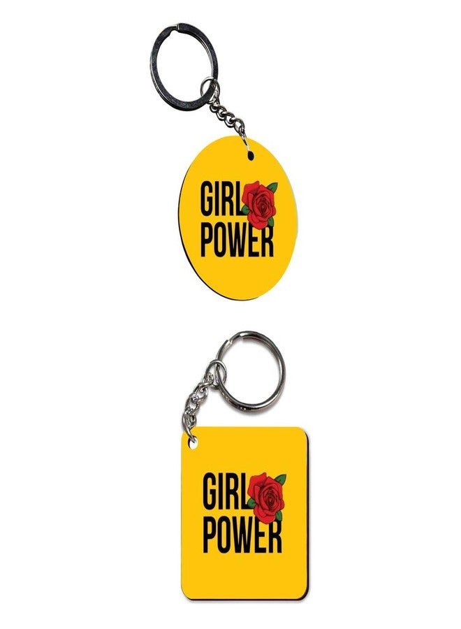 Plan To Gift Set of 2 | Circle & Square Shape Printed Wooden Keychains Girl Power yellow | Circle & Square Shape keyrings | Circle & Square Shape Keychains| Printed keyrings - Image 2