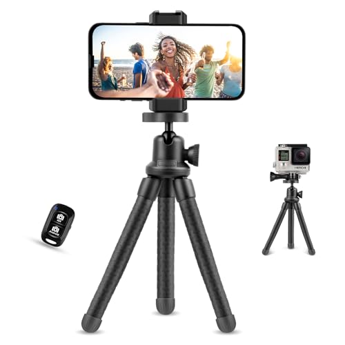 UBeesize Phone Tripod UBeesize 12 Inch Flexible Cell Phone Tripod Stand Holder with Wireless Remote Shutter Universal Phone Mount Compatible with SmartphoneDSLRGoPro Camera - Image 1