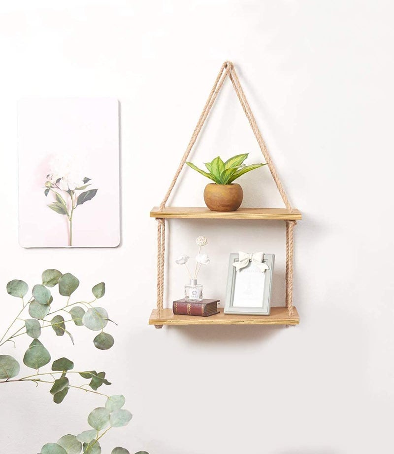 DS Enterprise |Real Pine Wood Floating Shelves, Hanging Swing Rope Shelves, Rustic Wall Decor Swing Shelf, Wall Shelves for Living Room/Home/Office Decor (2 Tier, 12 x 5 in) - Image 1