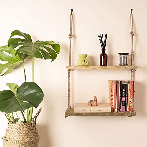 DS Enterprise |Real Pine Wood Floating Shelves, Hanging Swing Rope Shelves, Rustic Wall Decor Swing Shelf, Wall Shelves for Living Room/Home/Office Decor (2 Tier, 12 x 5 in) - Image 3