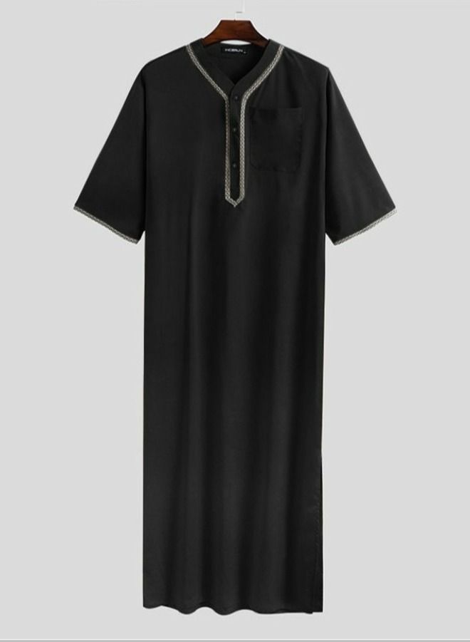 Loquat Men's Muslim Loose Robe Thobe V-Neck Short Sleeve Side Split Kaftan Black  - Image 2