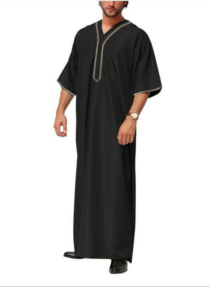 Loquat Men's Muslim Loose Robe Thobe V-Neck Short Sleeve Side Split Kaftan Black  - Image 1