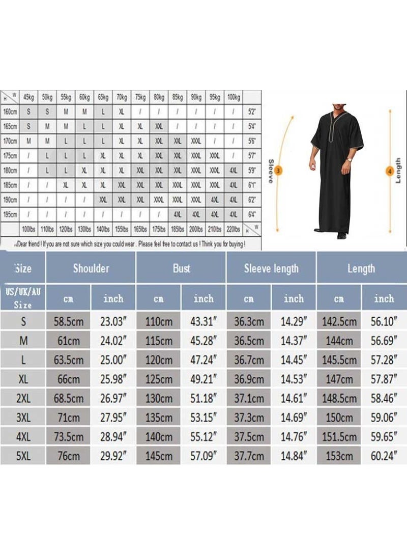 إسكدنيا Men's Muslim Loose Robe Thobe V-Neck Short Sleeve Side Split Kaftan Black - Image 3