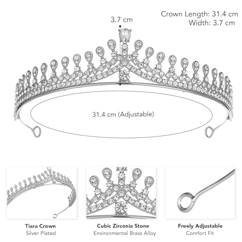 Peora Silver Plated Cubic Zirconia & Crystal Studded Princess Tiara Crown for Girls & Women Birthday Gift Hair Accessories - Image 4